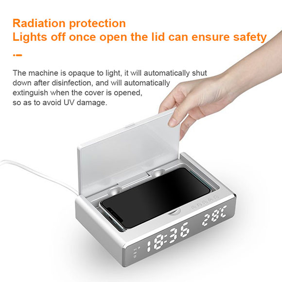 Newest private mould multifunctional Clock Disinfection Box with Wireless Charger LWS-6025